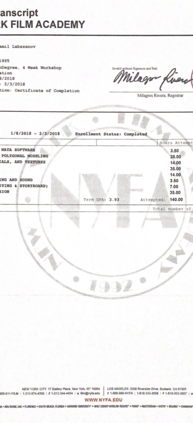 Сертификат NYFA Лабазанов Шамиль