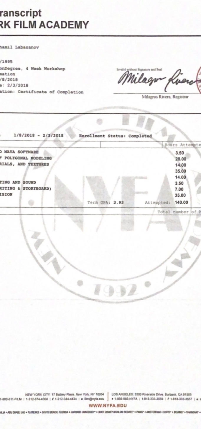 Сертификат NYFA Лабазанов Шамиль Сертификат NYFA Лабазанов Шамиль